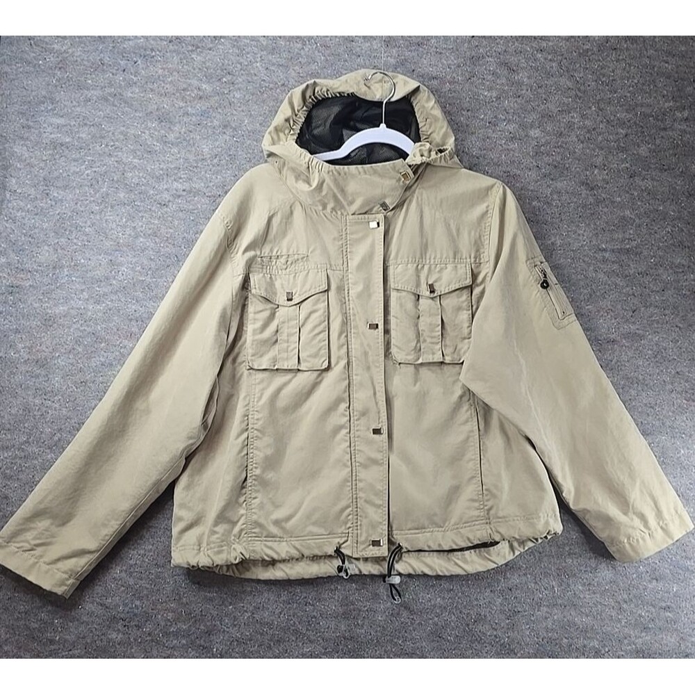 Jamie Sadock Golf Jacket Hooded Women’s Sz L Khaki Full Zip Utility Pockets L/S